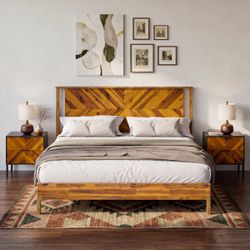Bme Vivian 14 Inch Deluxe Bed Frame with Headboard, Rustic & Scandinavian Style with Solid Acacia Wood, No Box Spring Needed, 12 Strong Wood Slat Supp