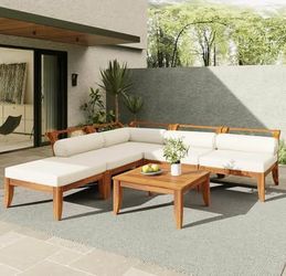 Assembled New 6 Pcs Acacia Wood Patio Furniture Outdoor L-Shaped Sectional Sofa Set w/ Coffee Table