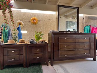 Dark Wood Dresser with Mirror and 2 Nightstands