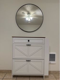 Farmhouse Entryway Shoe Cabinet + Round Wall Mirror Set
