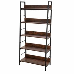 5-Tier Industrial Ladder Shelf Bookshelf – Rustic Brown/Black
