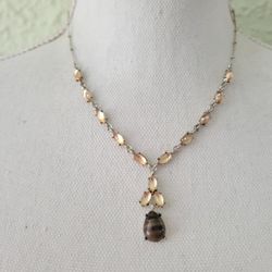 Vintage Nina Ricci Y-drop Necklace Tan Cabochons Tiger eye pendant Avon 17"