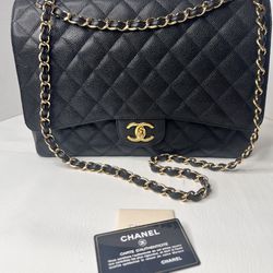 Chanel Maxi Double Flap Classic Bag - Black Caviar with Gold Hardware- AUTHENTIC GUARANTEED