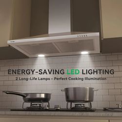 Range Hood 30 inch, Stainless Steel Wall Mount Vent Hoods for Kitchen with Charcoal Filter, Ducted/Ductless Convertible, 3 Speed Exhaust Fan, LED Ligh