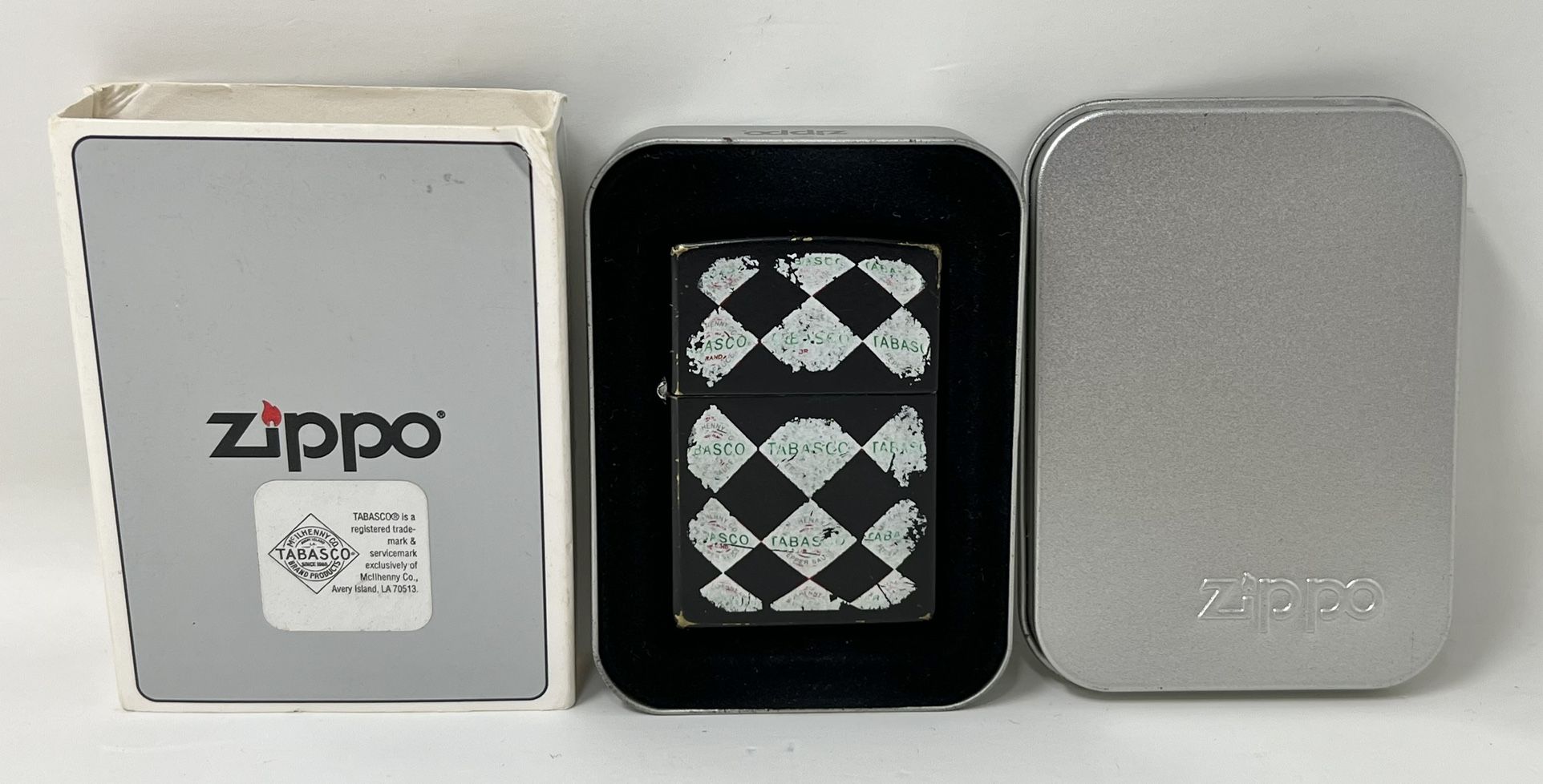 Vintage 1997 Zippo 218TAB 435 Tabasco Logo Checker Board Lighter - Black Matte