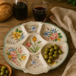 Nove Rosa Italy 1980s Hand-Painted Floral Divided Majolica Plate Platter, 13”