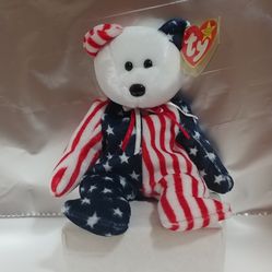 Spangle the Bear, white face TY Beanie Baby, Independence Day/4th of July, 1999