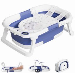 Collapsible Baby Bathtub for Infants and Toddlers with Soft Cushion and Thermometer - Blue