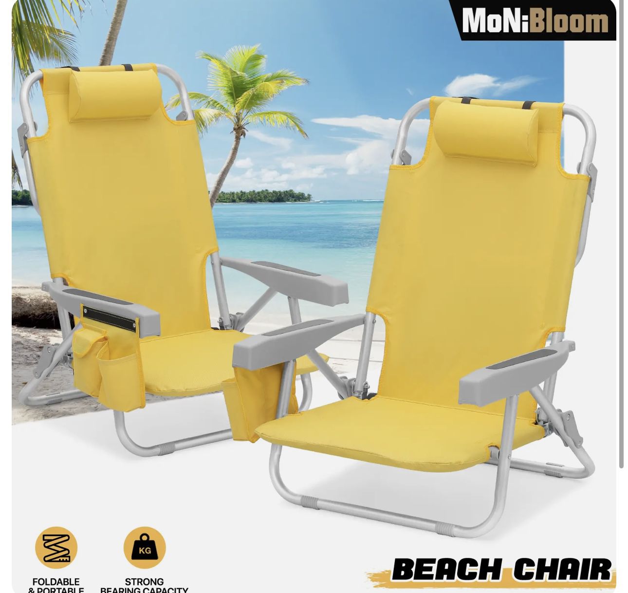 2 Pcs Folding Beach Chair Set Backpack Camping Cot Aluminium Frame Lounge Chaise