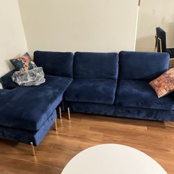 Stylish Blue Velvet Sectional Sofa with Gold Legs – Lightly Used