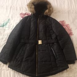 INTL DETAILS womens Black Puffer Detachable Hood Faux Fur Full-Zip Jacket.  Size: L 