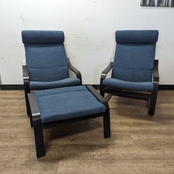 IKEA Modern Black Arm Chairs with Blue Fabric Cushions and Ottoman