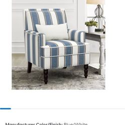 35 in. Blue White Stripes Fabric Classic Accent Chair Solid Wood Upholstered Armchair with Cushion Nailhead