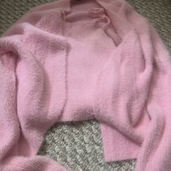 Shein Women’s Pink Fuzzy Cropped Cardigan Set Size Small