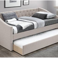 TWIN  DAY BED WHIT TRUNDLE MATTRESS NOT INCLUIDED NEW IN BOX  LIGHT BROWN BURLAP 