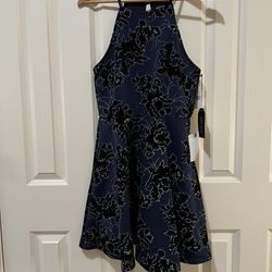 Max & Ash Navy Blue (Floral-Patterned with Silver Glitter) Skater Dress; Size - Junior L