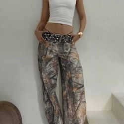 BERSHKA VIRAL TREE CAMO WIDE LEG PANTS (belt not included)