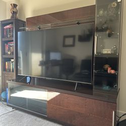 Entertainment Center Brown Polished Wood & Glass