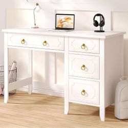 45" White and Gold Desk with 4 Drawers
Home Office Desk with Storage for Work Writing Study, Small Desk with Golden Handle for Bedroom, Girl Desk with