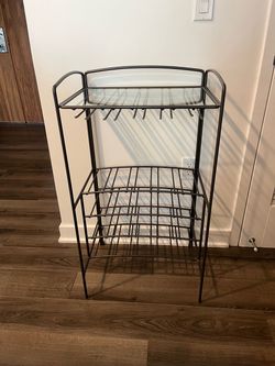 Crate & Barrel Bronze Metal Wine Rack / Bar Shelf with Glass Top – $125