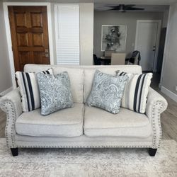 Neutral Beige Nailhead Loveseat with Accent Pillows – Great Condition