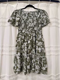 Floral Smocked Olive Green Babydoll Maternity Dress With Pockets