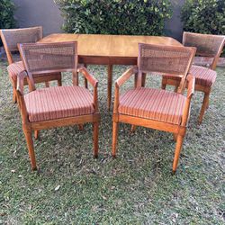 Mid Century Vintage Dining Room Table With 4 Cane/Rattan Chairs Drexel 