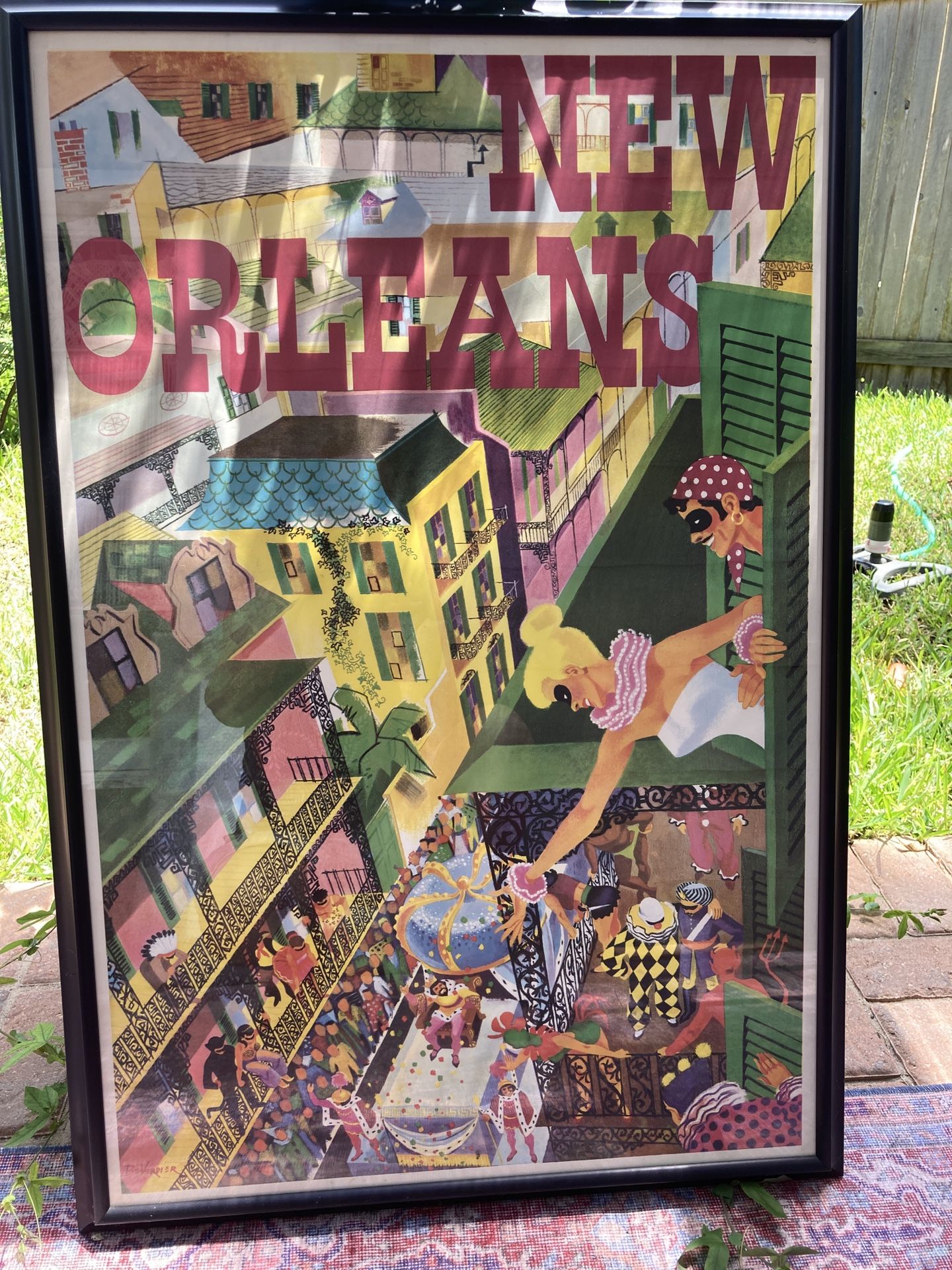 Framed BeVerdier Vintage 1960s New Orleans Mardi gras Poster
