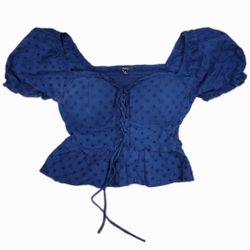 BlaShe Bustier Corset Peasant Crop Top Blue Eyelet Small