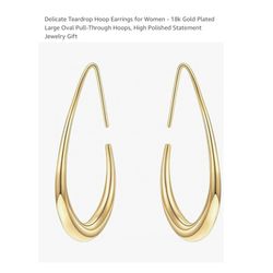 Brand new Delicate Teardrop Hoop Earrings for Women - 18k Gold Plated Large Oval Pull-Through Hoops, High Polished Statement Jewelry Gift   Whitestone