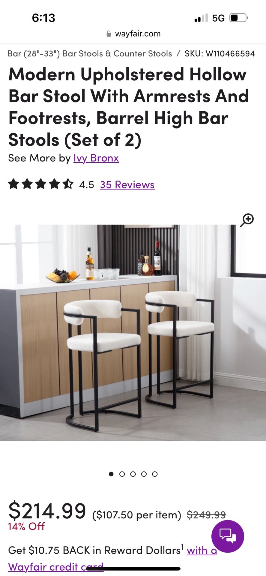 Modern Upholstered Hollow Bar Stool With Armrests And Footrests, Barrel High Bar Stools (Set of 2)