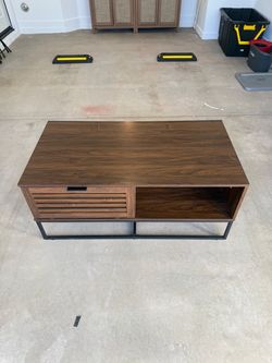 Modern Walnut Coffee Table with Storage & Black Metal Frame