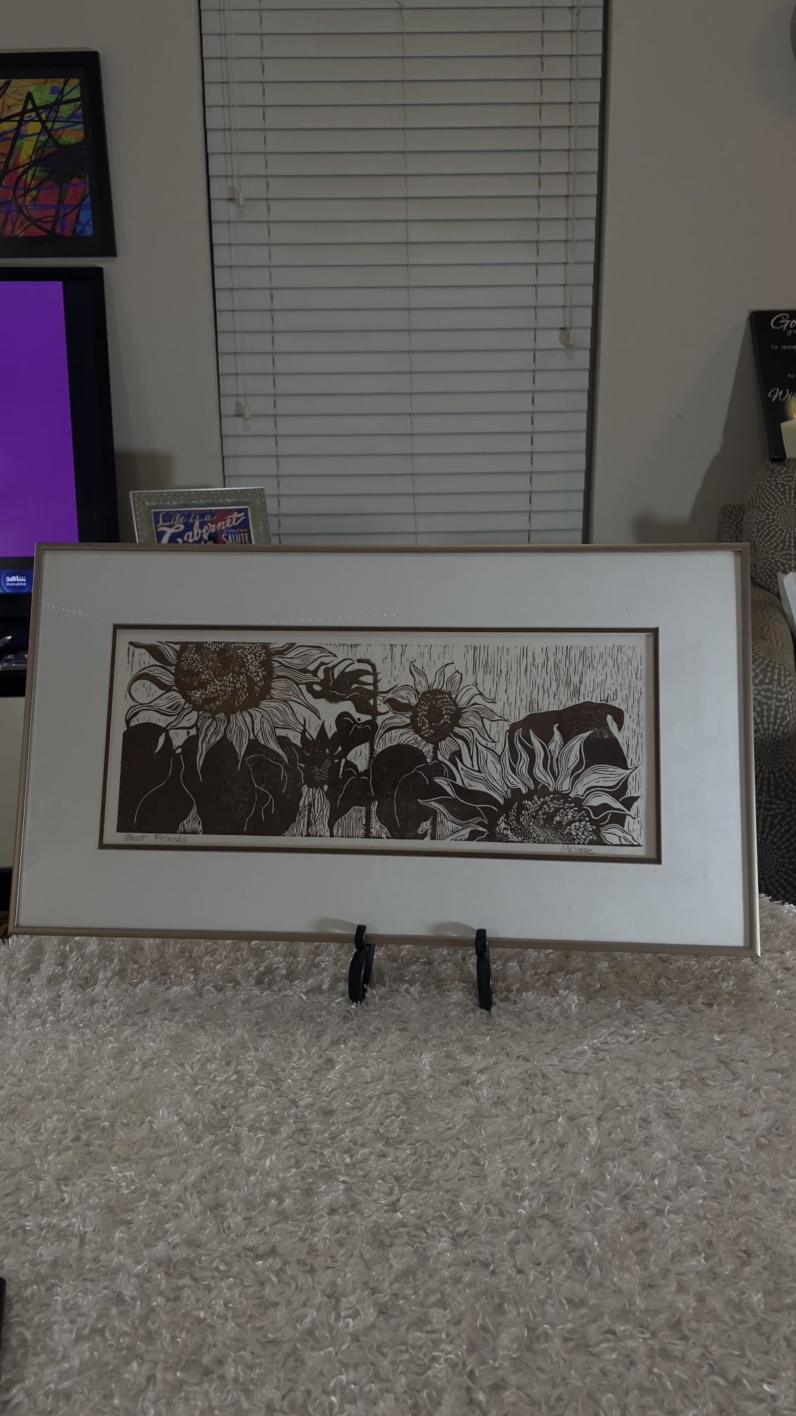 Linocut print by Melisse Carr titled "Best Friends" Purchased from art gallery.