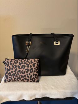Anne Klein Black Tote Bag with Leopard Print Pouch