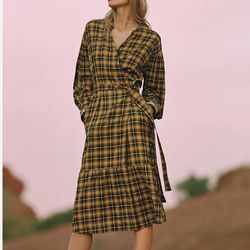 Anthropologie Dalton Wrap Plaid Midi Women’s Dress Size XS Color: Yellow/ Black