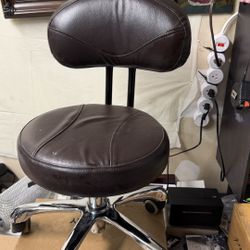 Brown Rolling Adjustable Stool Chair w/ Backrest Faux Leather Chrome Base