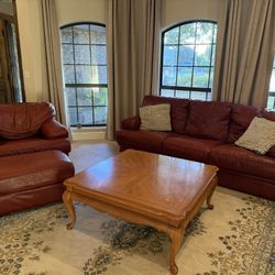 Red Leather Couch, Chair And Ottoman Set