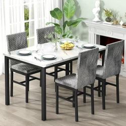 Marble Dining Table Set for 4, Rectangular Faux Marble Kitchen Table and Chairs Set, Dining Table with 4 Tufted Velvet Upholstered Dining Chair