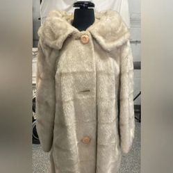 Vintage Puritan Designer Cream Off Collar Faux Fur Swing Coat Cream Jacket M