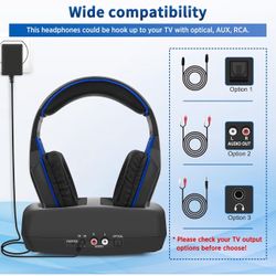 WallarGe Wireless Headphones for TV Watching with RF Transmitter Charging Dock, Plug and Play, 100 Ft Wireless Range, Rechargeable 20 Hour Battery (Bl