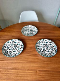 3 World Market Teal & Black Evil Eye Geometric Floral Salad/Dessert Plates