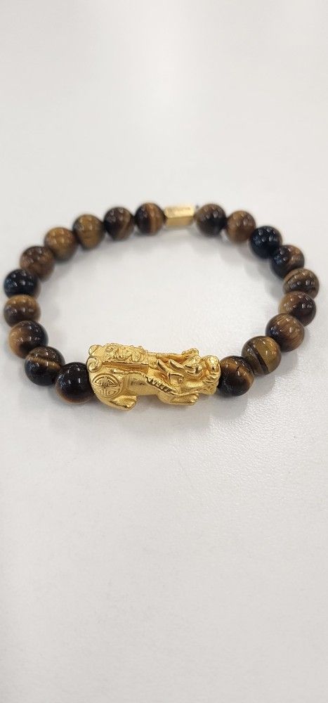 18K Gold Dragon Pixiu Piyao Lucky Charm With Tiger Eye Gems