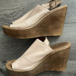 Barbara Barbieri Leather Wedge Slingback Peep Toe Sandals Sand Beige 9.5
