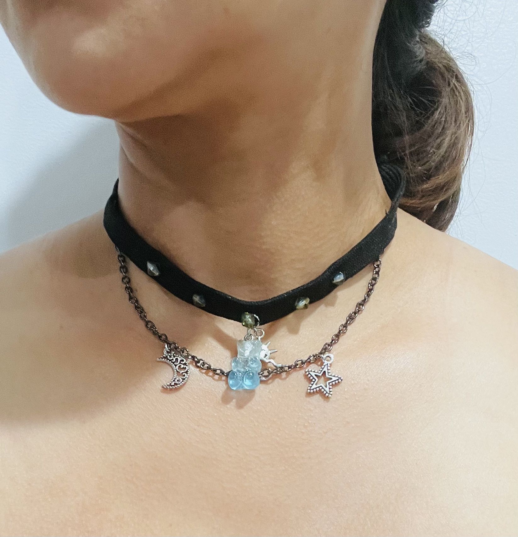 Gothic Playful Baddie Choker With Chain And Gummy Bear Crystal Pendants, Costume Jewelry For Women. Handmade