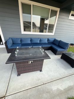 Outdoor Patio Sectional Sofa Set with Fire Pit Table
