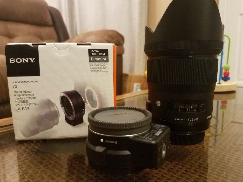 Sigma Art 35mm F/1.4 DG Lens A mount + Sony LA-EA3 A mount to E Mount. For sony ( A6000, A6300, A6400, A6500 and up).