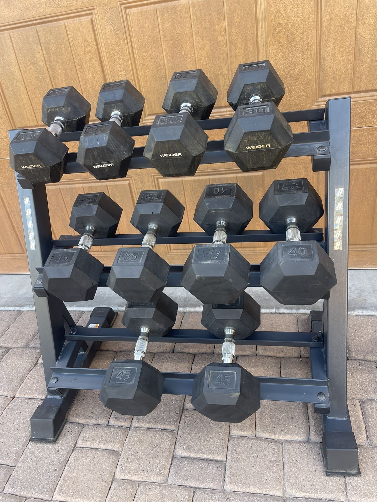 WEIDER RUBBER DUMBBELLS WEIGHTS AND RACK