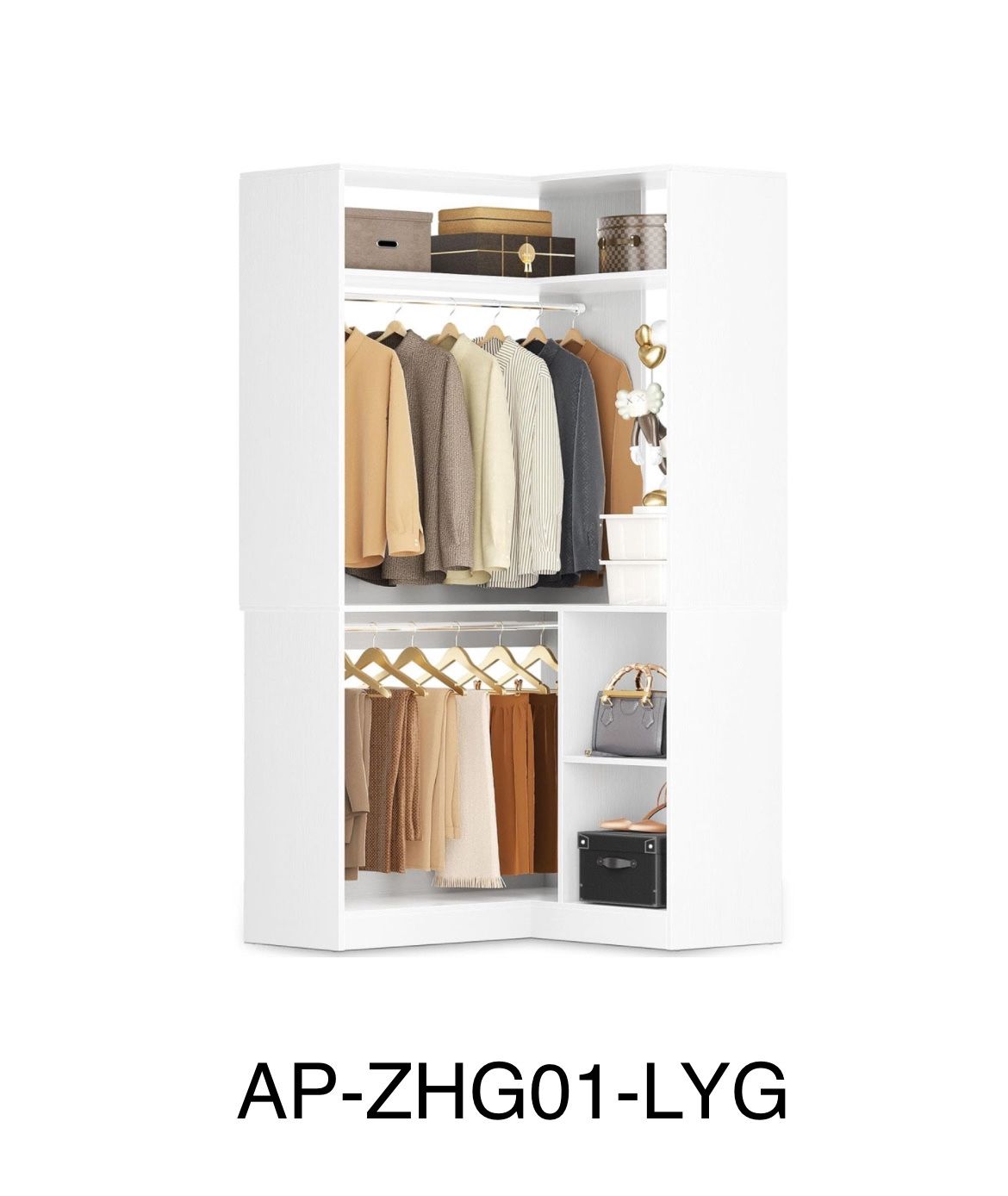 Corner Closet System With Shelves, 34'' Organizer With Hanging Rods, Wood Walk-in for Small Space, Freestanding Tower, L Shaped Garment Rack, White