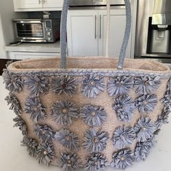 Raffia Flower Tote Handbag Or Beach Bag