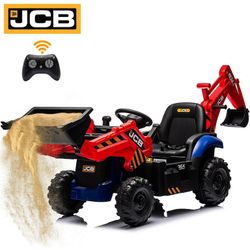240 iYofe 24V JCB Ride on Excavator Toy, 3-in-1 Battery Powered Electric Tractor Car with Reversible Seat, Remote Control & Bluetooth, Backhoe for Kid
